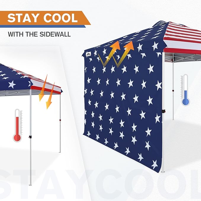 EAGLE PEAK Pop Up Canopy Tent with 1 Sidewall, Easy Setup Event Tent, Outdoor Sun Shade, Wheeled Carry Bag, Stakes and Guy Ropes, Instant Canopy 10x10, American Flag
