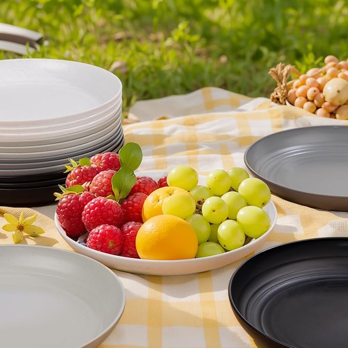 supernal 10" Wheat Straw Dinner Plates Reusable&Durable Plastic Plates,Dishwasher Safe,16-Pack (4 White, 4 Light Gray, 4 Dark Gray, 4 Black), Versatile Tableware for Home and Outdoor