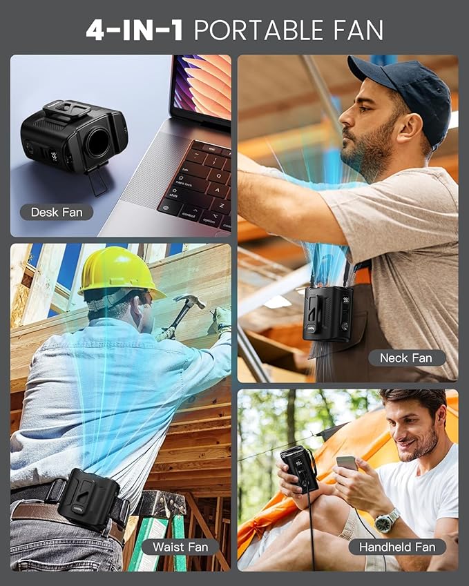 coldSky Portable Waist Fan, 10000mAh Rechargeable Belt fan with LED Display & 60H Runtime, 11000RPM Brushless Motor Shirt Fan, 5 Speeds Neck Fan for Outdoor Work, Camping, Farm, Jobsite (Black)