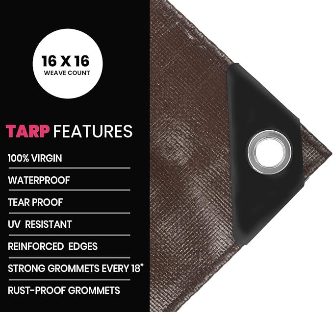 PROTARP Extreme Heavy Duty 22 Mil Tarp Cover, Waterproof, UV Resistant, Rip and Tear Proof, Poly Tarpaulin with Reinforced Edges for Roof, Camping, Patio, Pool, Boat. (Brown/Black 20′ X 20′)