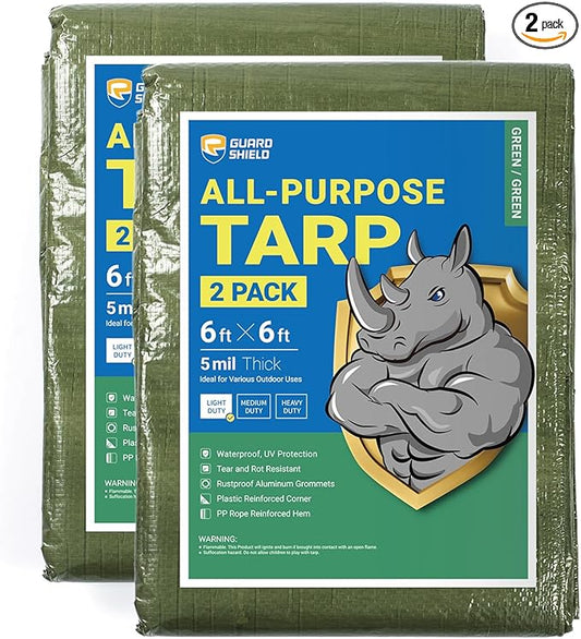 GUARD SHIELD Tarp Green 6x6 Feet Multi Purpose Waterproof Poly Tarp Cover 5mil (2-Pack)