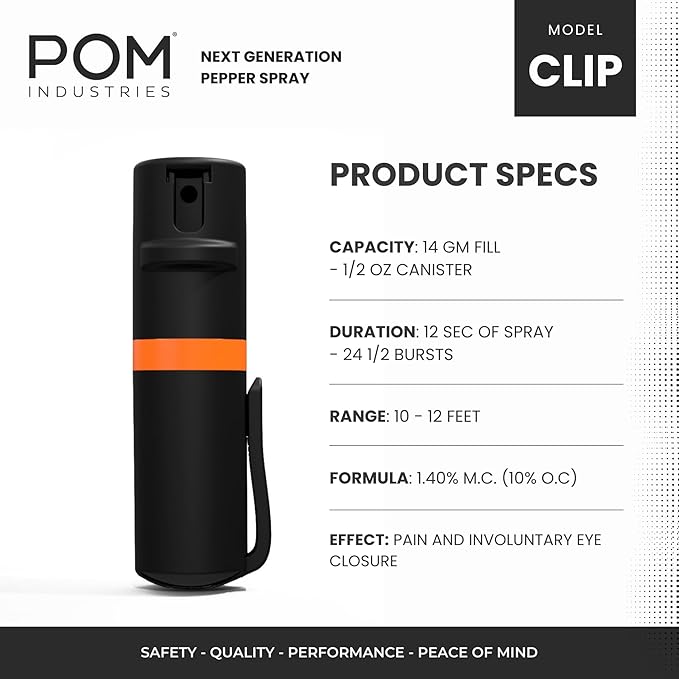 POM Pepper Spray Combo Pack Clip & Keychain - Maximum Strength OC Spray Self Defense- Tactical Compact & Safe Design - 25 Bursts & 10 ft Range - Stream Spray Pattern