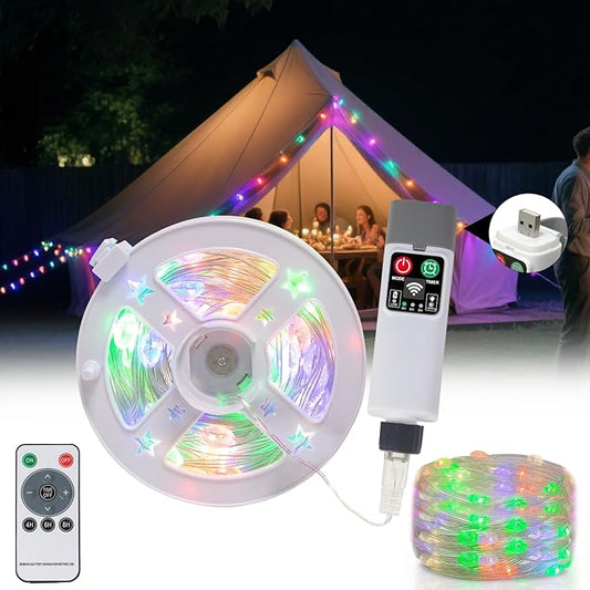 Moobibear Camping String Lights, Quick Storage 33FT/100LED RGB Rugby Rechargeable Tent Lights String with USB 8 Lighting Modes, Waterproof Portable LED Lamp for Camping Essentials, Yard, Party
