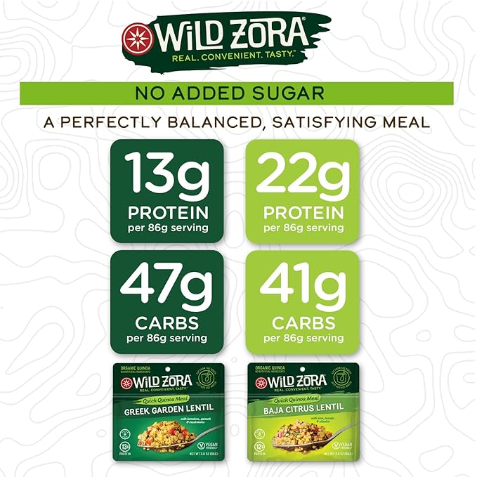 Wild Zora Instant Organic Quinoa Meals - Quick & Tasty Prepared Quinoa Bowls, Pantry Staples Gluten-Free Meal with Lentils Plus 10g Olive Oil Packet - Vegan Variety Sampler (4-Pack)