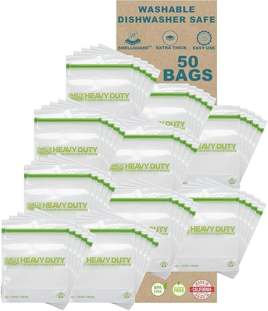 BULK VALUE, Smelly Proof 50-Pack HEAVY DUTY 5-mil Reusable Bags, Ziplock Stand-Up, Expandable, Dishwasher-Safe, Triple Zip, Odor-Proof, Durable Poly Nylon (Non-Silicone) US-Made 8.5" x 10" Quart 50pk