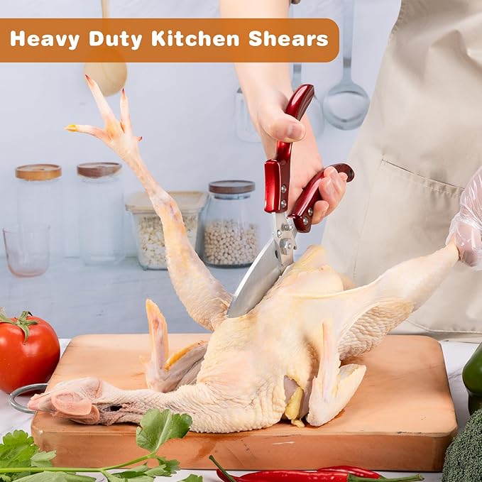 Kitchen Shears Kitchen Scissors for food - Stainless Steel Poultry Shears Heavy Duty for Meat Bones Seafood, All Purpose Food Scissors, Detachable Blades, Ergonomic Handle, Dishwasher Safe, Red