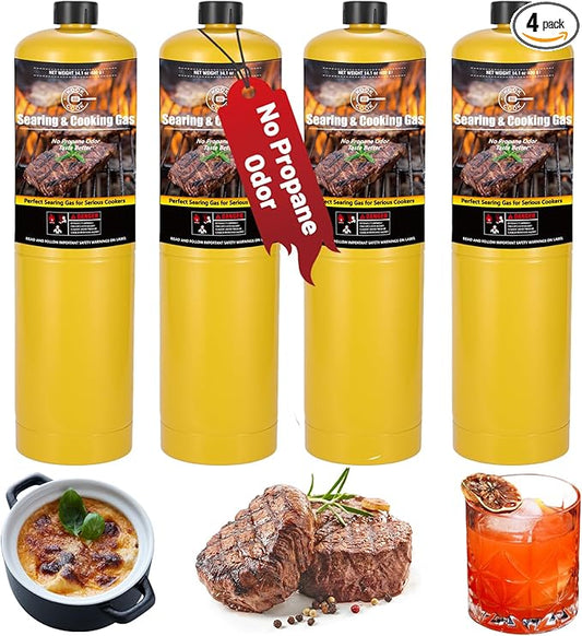 14.1oz MAPP Gas 4 Packs Kit 99.99% High Purity Equal to MAPP Gas Hotter than Propane No Odor Cooking Searing Camping Gas to Broil Sous Vide for Welding Brazing Soldering Propane Torch Head On