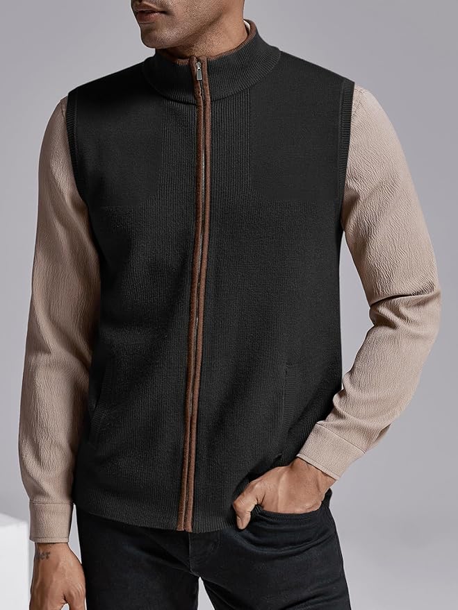 Ryannology Mens Sweater Vest Zip up Casual Sleeveless Cardigan Knitted Stand Collar Regular Fit Jacket with Pockets