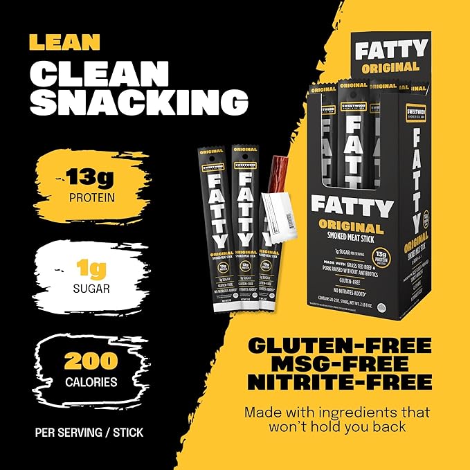 FATTY Meat Sticks, Made with Grass Fed Beef, Pork Raised Without Antibiotics, 13g Protein Per Stick, Original, 2 oz. (Pack of 5)