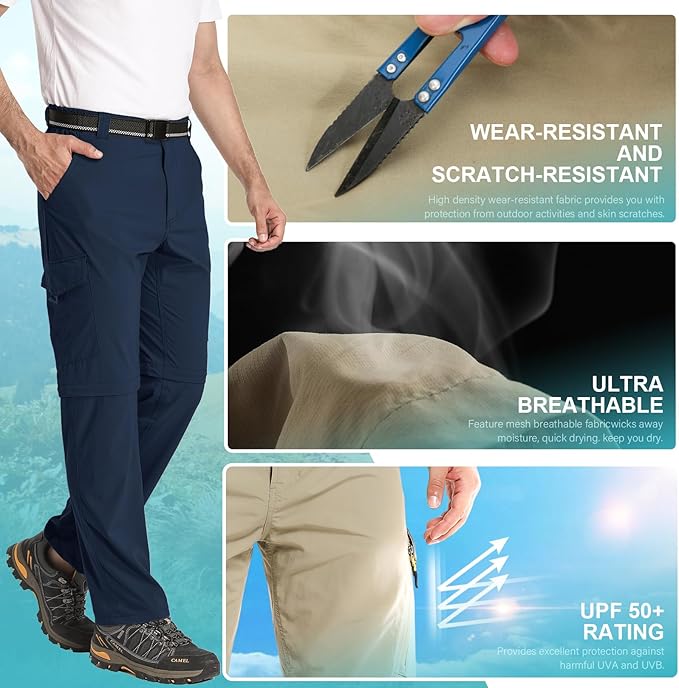 Mens Hiking Pants Convertible Lightweight Quick Dry Zip Off Fishing Safari Camping Travel boy Scout Pants