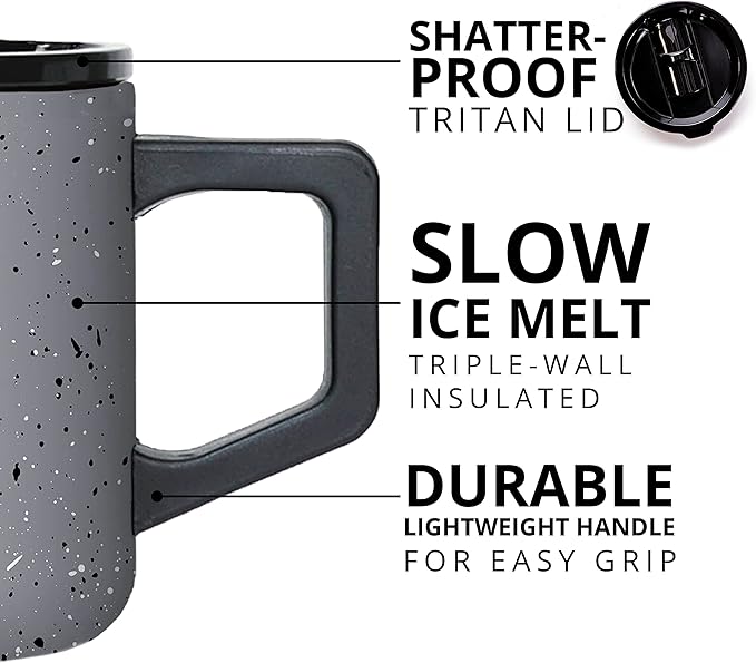 Elemental Insulated Coffee Mug - Triple-Wall Stainless Steel Summit Travel Cup for Hot and Cold Drinks - Thermal Coffee Mug with Lid and Handle for Camping, Office & Travel 12oz - Grey Speckle