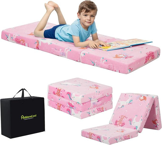 MeMoreCool Foldable Floor Mattress for Kids, Glow Fairy Toddlers Trifold Nap Mat, Kids Folding Mattress Portable Sleeping Futon for Daycare or Floor Bed, 57x22 Inch Pink