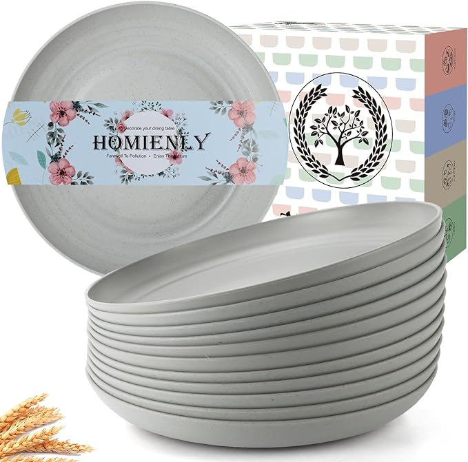 Homienly Deep Dinnerware Set of 12 - Alternative to Plastic, Microwave & Dishwasher Safe Wheat Straw Plates for Kitchen - Unbreakable Kids Plates (Grey, 10 inch)