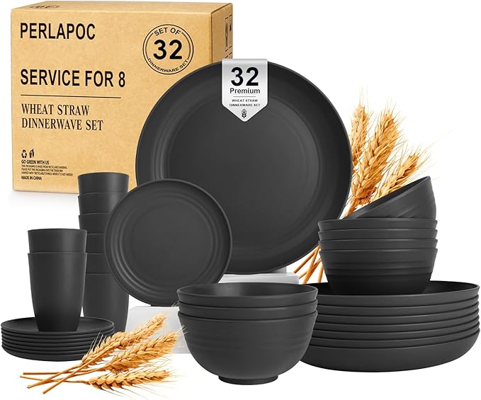 Wheat Straw Dinnerware Sets for 8, 32 Piece Unbreakable Plates and Bowls Sets, Alternative Plastic Dinnerware Set for Kitchen Outdoor and Apartment Dinning Essentials - Black