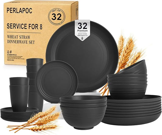 Wheat Straw Dinnerware Sets for 8, 32 Piece Unbreakable Plates and Bowls Sets, Alternative Plastic Dinnerware Set for Kitchen Outdoor and Apartment Dinning Essentials - Black