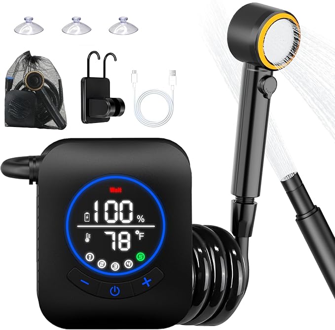 Portable Shower for Camping, 8000mAh Rechargeable Camping Shower Pump with 3X Stronger Water Flow, 5 Pressure Levels & 4 Shower Modes Outdoor Shower with Intelligent LED Display for Hiking Travel Pet