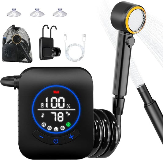 Portable Shower for Camping, 8000mAh Rechargeable Camping Shower Pump with 3X Stronger Water Flow, 5 Pressure Levels & 4 Shower Modes Outdoor Shower with Intelligent LED Display for Hiking Travel Pet