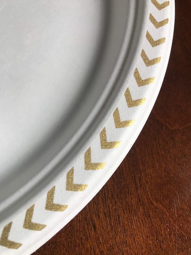 Disposable Plate: Heavy Duty Elegant Eco Friendly Compostable Paper Plates (50 Count), Tree Free Sugarcane Bagasse Plate with Color Party Plate (7 inch Gold Dessert/Appetizer Plate)