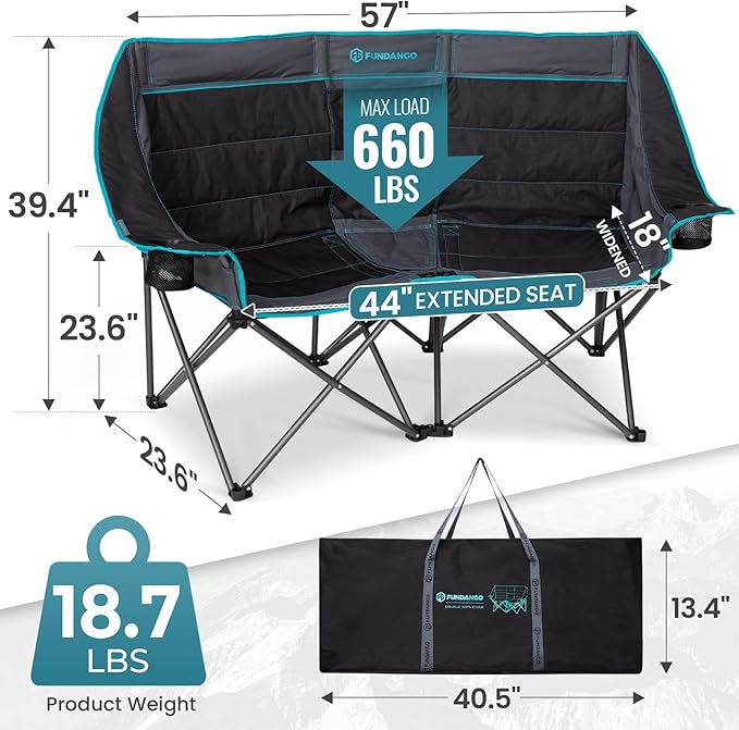 FUNDANGO Double Camping Chair with Cooler, 2 Person Folding Oversized Loveseat Camp Chairs for Adults Fully Padded Couch with Cup Holder for Outdoor Lawn Beach Patio Support 660 LBS Black/Blue