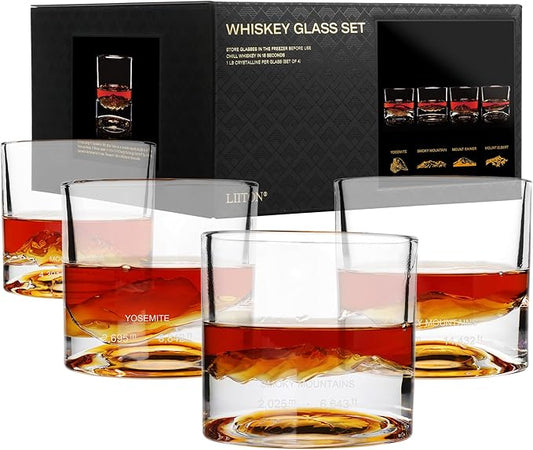 LIITON American Peaks Heavy Crystal Whiskey Glasses Gift Set of 4, Thick Freezable Bourbon Glass 1lb Each, Premium Whiskey Gifts for Men, Frozen Crystal Chills Cocktails, 10 oz