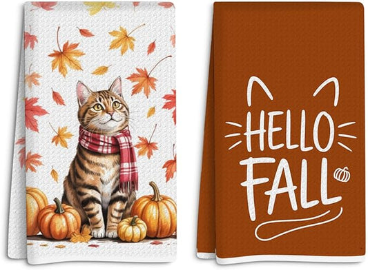 2 Pcs Cat Pumpkin Hello Fall Kitchen Towels Dish Towels, Orange Autumn Maple Leaves Absorbent Decorative Waffle Weave Hand Towel Guest Towels for Kitchens Homes Bathrooms Restaurant Decor