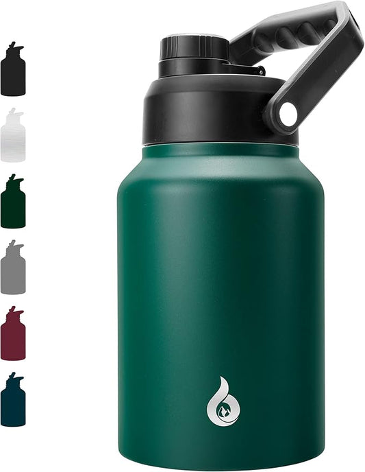BJPKPK 64 oz Insulated Water Bottle, Dishwasher Safe Half Gallon Water Bottle with Ergonomic Handle, BPA Free Leak Proof Water Jug for Sports, Metal Thermo with Anti-slip Bottom, Army Green