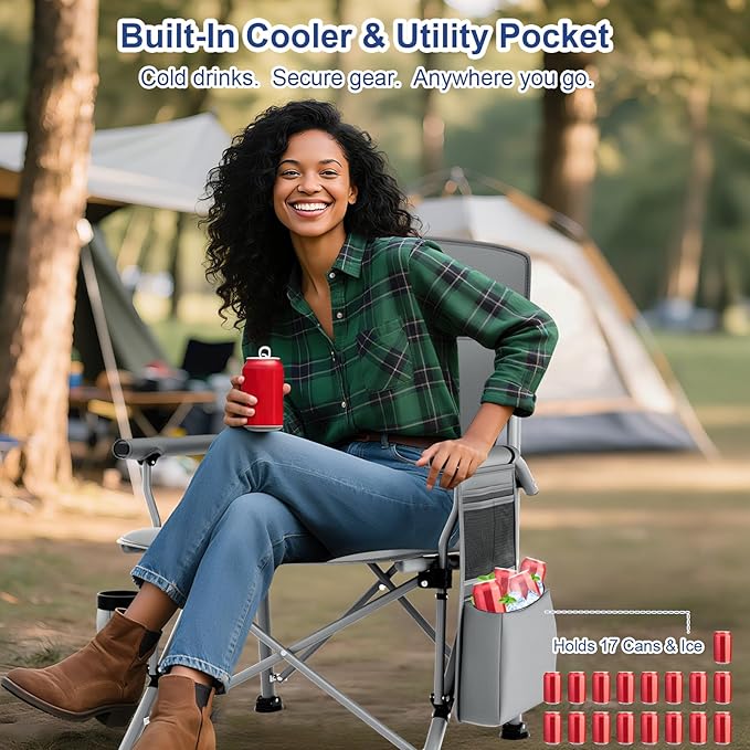 XL Heavy Duty Camping Chair 396lb Capacity (525lb Max) – Waterproof 1680D Oxford Fabric, 2" Padded Seat & Back, Cup Holder, Cooler Pocket, Portable for Camping, Beach & Tailgating (Onyx Black)