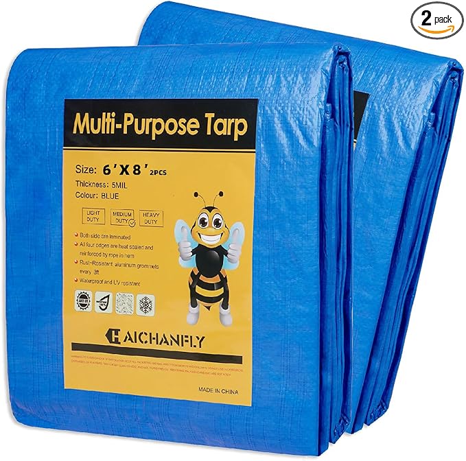 Double-Sided Waterproof Poly Tarp 6x8 Feet 5mil Thick Polyethylene Tarps, Perfect for Outdoor Use, Plastic Cover & Mat for Tent Camping Storage Boat Bikes Vehicles, 2 Pack