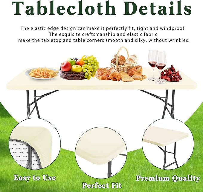 6 Foot Table Cover Fitted 10 Pack Picnic Elastic Tablecloth for Rectangle Tables Waterproof Stretch Washable Folding Indoor Outdoor Spandex Table Cloth for Parties Banquet Camping (Beige,30" x 72")