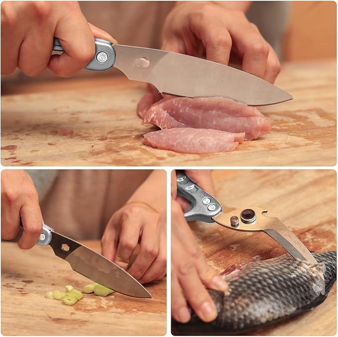 Heavy Duty Kitchen Shears, Detachable Poultry Shears with Serrated Edge, Spring-Loaded Stainless Steel Chef Scissors Cutting Bone, Chicken, Fish, Food, Meat, Silver Full Steel Handle
