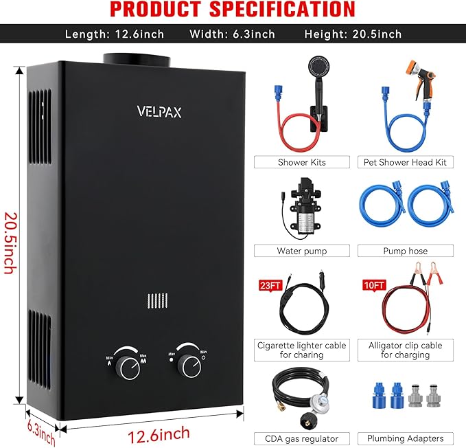Tankless Water Heater Propane,2.11GPM 8L Outdoor Portable Water Heater,with 2 GPM Water Pump, with Digital Display Multi-Protection for Camping Trips Boat Cabins