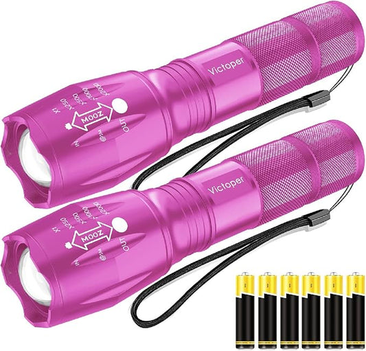Victoper LED Flashlight 2 Pack Pink, Bright High Lumens Tactical Flashlights High Lumens with 5 Modes, Waterproof Zoomable Flash Light for Outdoor, Gifts for Hunting Camping Essentials Gear
