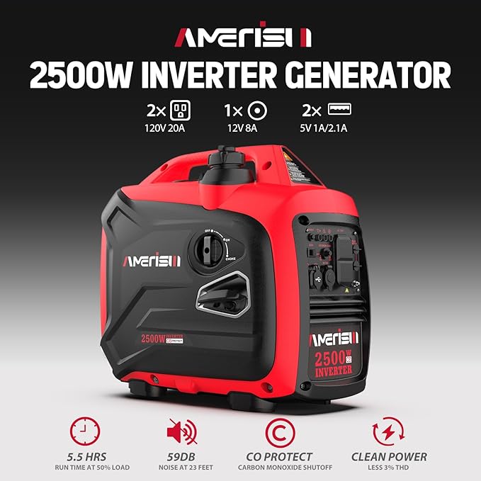 2500 Watt Portable Inverter Generator with CO Sensor and Quiet Technology for Camping, Tailgating (AM5020C)