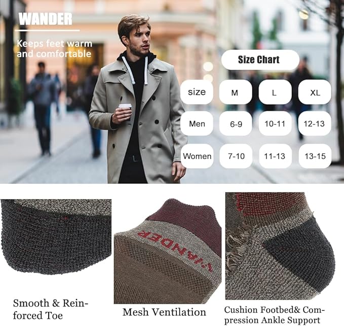 WANDER Merino Wool Socks Men 3 Pairs Cushioned Calf Boot Socks Moisturing Wicking Everyday Thermal Crew Socks