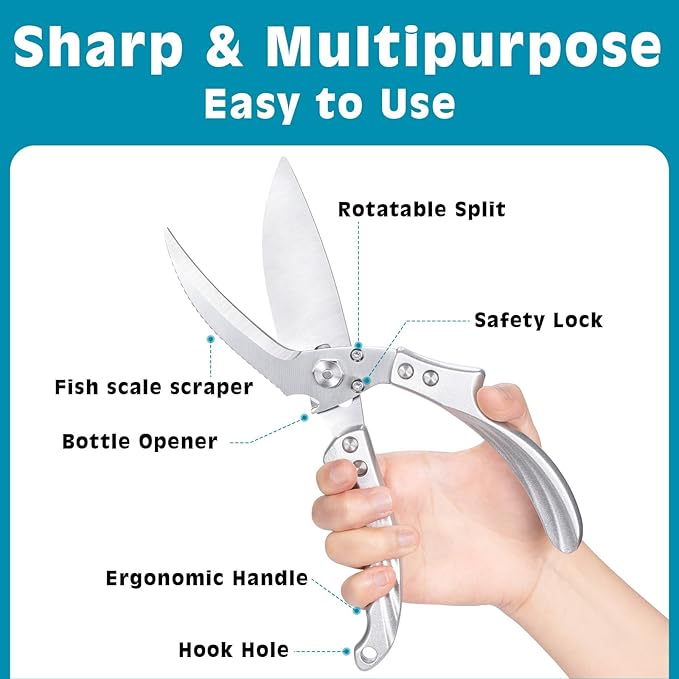 Kitchen Shears Heavy Duty - All Purpose Poultry Shears Stainless Steel Kitchen Scissors for Chicken, Bone, Meat, Turkey, Fish, Scissor for Cutting Cooking, Dishwasher Safe (Silver)