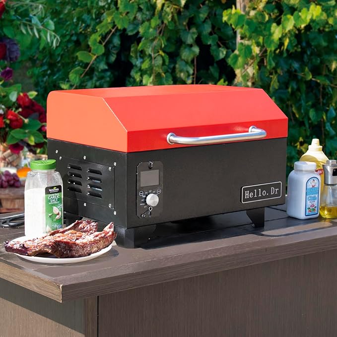 Portable Pellet Grill, Pellet Smoker with Digital Control, LED Screen, Meat Probe,for Outdoor Camping & Backpacking - Lightweight, Stainless Steel - Perfect for Hiking, RV, Red