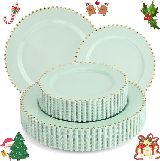 EI 60pcs Green Plastic Plates with Gold Rim,Disposable Plastic Plates Heavy Duty for Party,Sage Green and Gold Dessert/Dinner Plate for Birthday,Afternoon Tea,Christmas,New Year