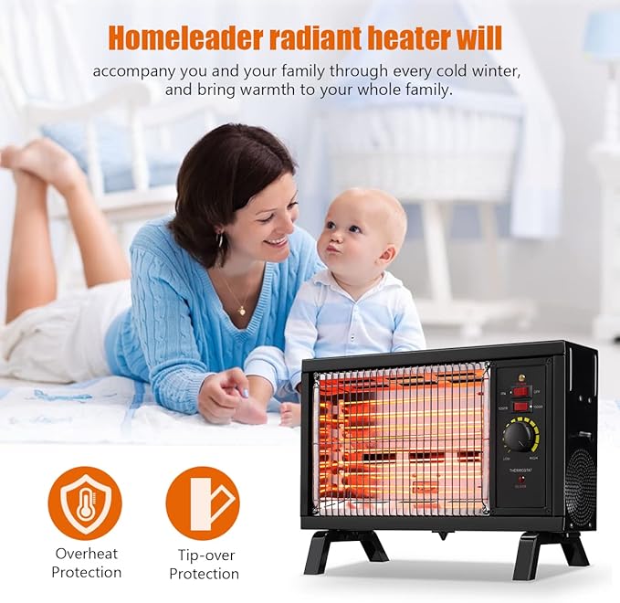 Homeleader ETL Portable Radiant Heater, 1250W/1500W Space Heater for Indoor Use, Rapid Heating with Adjustable Thermostat, Perfect for garages, Black