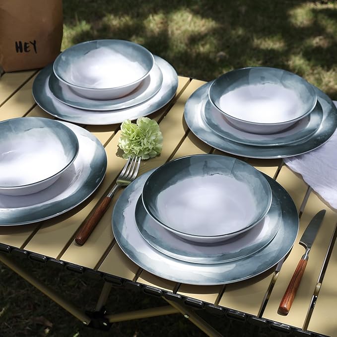 Melamine Dinnerware Sets-12 Pieces Outdoor Plates and Bowls Set for 4, Durable Dinner Plates for Camping Picnics Party, Chip Resistant Dishes, Grey Blue, Dishwasher Safe