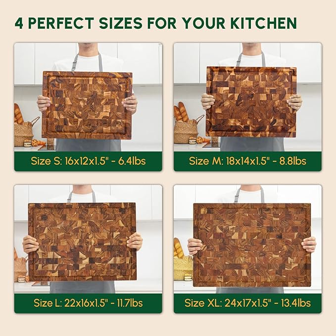BEEFURNI Teak Wood End Grain Cutting Board (XL, 24x17x1.5"), Extra Large Wooden Cutting Boards for Kitchen, Serving & Charcuterie Boards, Premium Wood Cutting Board, Christmas Gifts, 1-Year Warranty