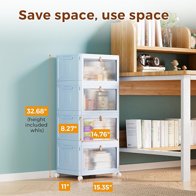 4 Tier Stackable Plastic Storage Bins with Lid and Wheels - 23 QT Closet Organizers and Storage, Foldable Storage Containers, Organization and Storage Boxes for Craft, Home, Pantry, Dorm,Blue