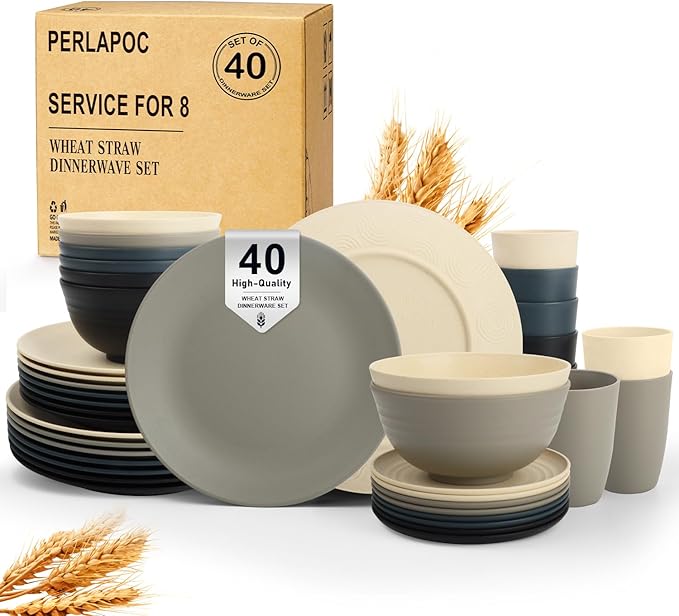 40 PCS Wheat Straw Dinnerware Set | Service for 8 Plastic Dishes Set Unbreakable Plates and Bowls Sets, Drinking Glasses, Dishwasher and Microwave Safe Dish Set for KItchen - Gray Stone