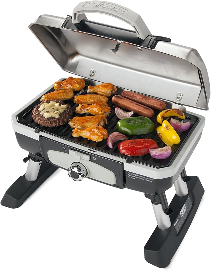 Cuisinart Petite Gourmet Portable Gas Grill, Compact Portable Grill Propane, 150 Sq. In. Cooking Surface, 5,500 BTU Burner Small Gas Grills for Camping, BBQ, Folding Legs and Carry Handles, Stainless
