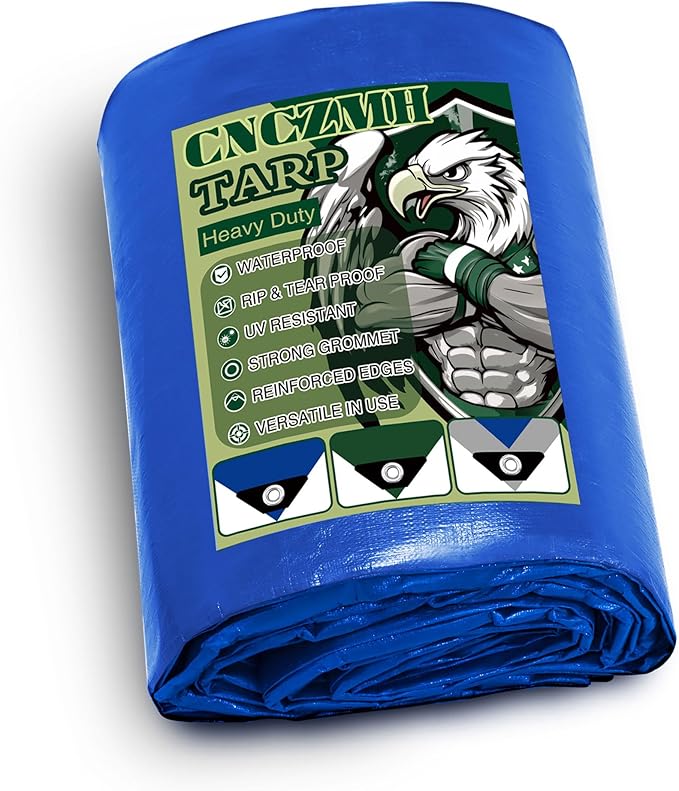 Heavy Duty Tarp Waterproof, 16 Mil Thick Finished Size Tarps Outdoor, Multipurpose Tarpaulin Cover, Large Tarp for Emergency Rain Shelter Camping (Blue, 12x30ft)