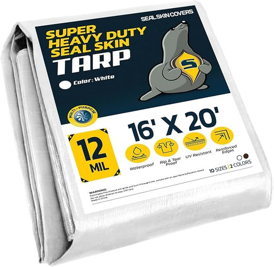 Seal Skin Covers Heavy Duty Waterproof Tarp 16x20 FT, 12 Mil 8 OZ 120 GSM Thick White Poly Tarp with Rustproof Grommets, Tear-Proof Cover with Reinforced Edges for Camping, Pool, Canopy Use