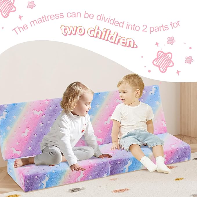 MeMoreCool Foldable Floor Mattress for Kids, Glow Toddler Nap Mat for Sleeping and Daycare, Portable Trifold Futon Mattress Floor Bed, Rainbow Unicorn