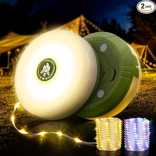 OGERY 2-Pack Camping String Lights, 4 in 1 Quick Storage 32.8FT Rechargeable Tent Lights String with 8 Lighting Modes, Hanging Waterproof Portable LED Lamp for Outdoor Patio Awning Party Essentials