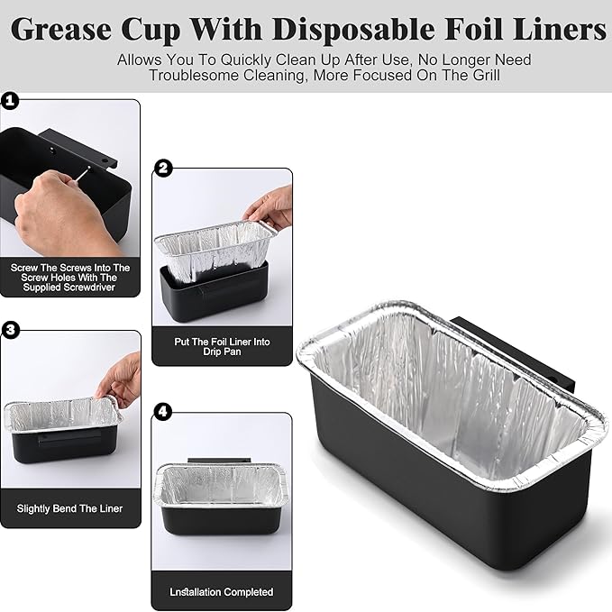 Grill Grease Catcher for Blackstone Griddle with 10 Pack Grease Cup Liners Aluminum Foil Tray Pan Drip Tray Pan for 17, 22, 28 & 36 inches Griddle (Short Hook + Long Hook)