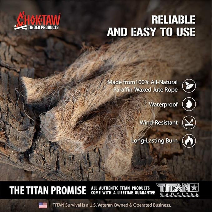 CHOKTAW Waxed Jute Rope Survival Fire Starters x5 - Natural Waterproof Rope Fire Sticks for Fire Starting & Emergency - Firestarters for Backpacking, Hiking, Camping, Hunting, Fishing & Boating Tinder