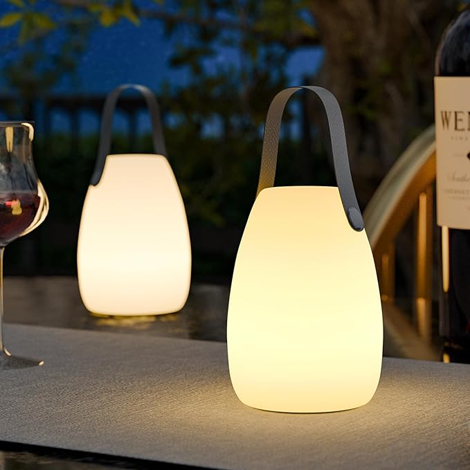 uuffoo Portable Outdoor Table Lamp - Dimmable Rechargeable Night Lights w/Remote and 7 RGB Colors, IP44 Water-Resistant Hanging Lantern for Patio, Tent, Bedroom, Garden, Emergency